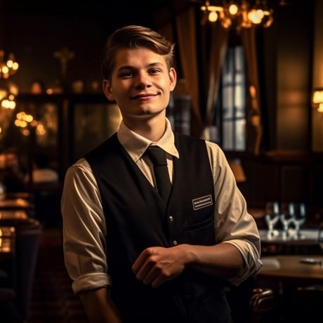 Handsome bartender stands confidently, serving luxury drinks generated by artificial intelligence